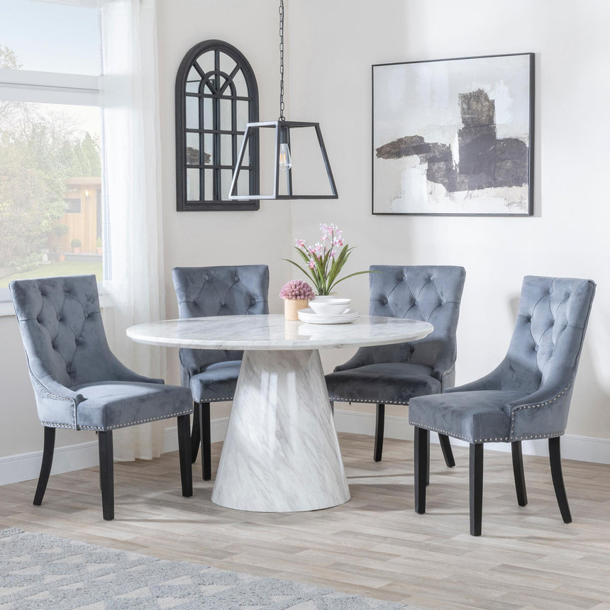 Carrera 4 Seater White Marble Round Dining Set - 4 Knocker Back Grey Velvet Fabric Dining Chair with Black Wooden Legs-3