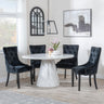 Carrera 4 Seater White Marble Round Dining Set - 4 Lion Knocker Back Black Velvet Fabric Dining Chair with Black Wooden Legs-3