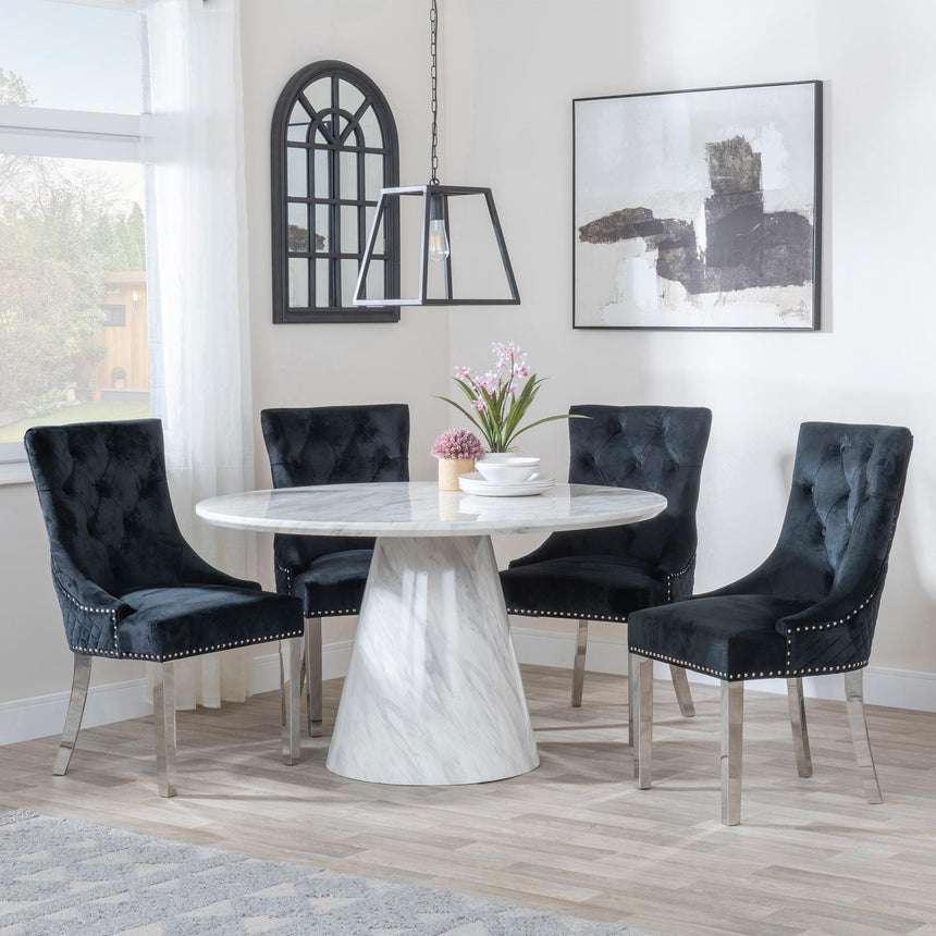 Carrera 4 Seater White Marble Round Dining Set - 4 Lion Knocker Back Black Velvet Fabric Dining Chair with Chrome Legs-3