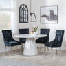 Carrera 4 Seater White Marble Round Dining Set - 4 Lion Knocker Back Black Velvet Fabric Dining Chair with Chrome Legs-3