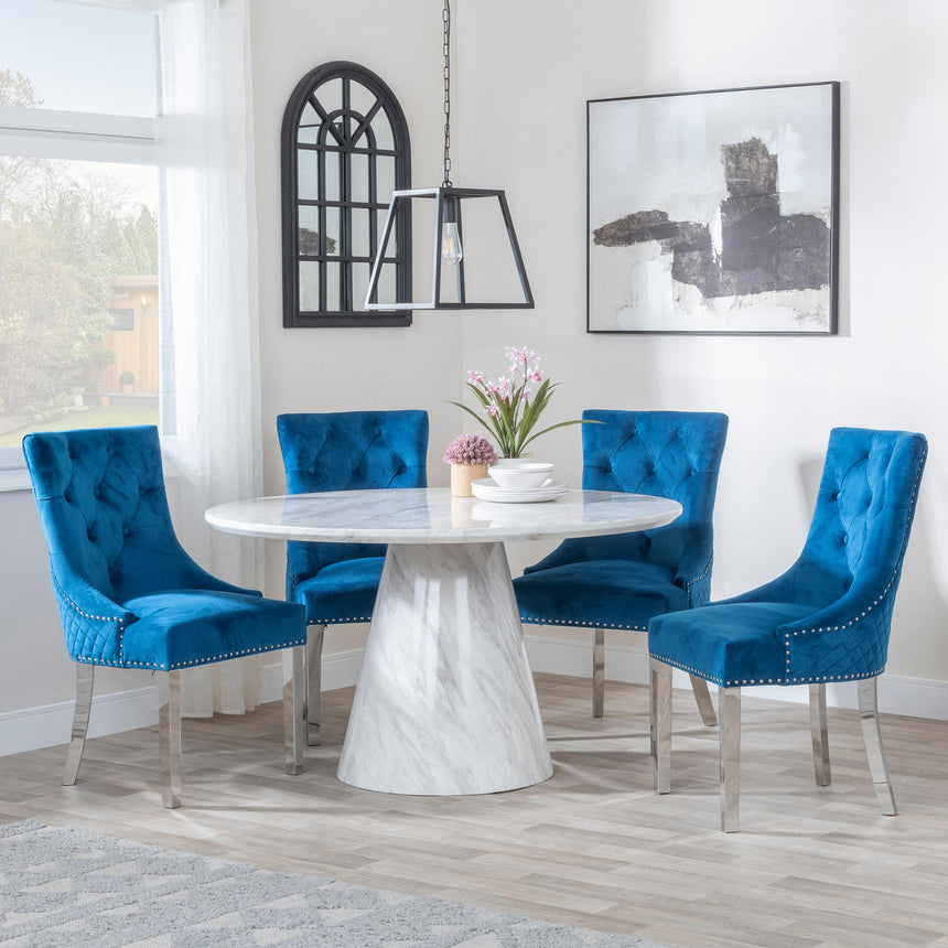 Carrera 4 Seater White Marble Round Dining Set - 4 Lion Knocker Back Blue Velvet Fabric Dining Chair with Chrome Legs-3