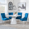 Carrera 4 Seater White Marble Round Dining Set - 4 Lion Knocker Back Blue Velvet Fabric Dining Chair with Chrome Legs-3