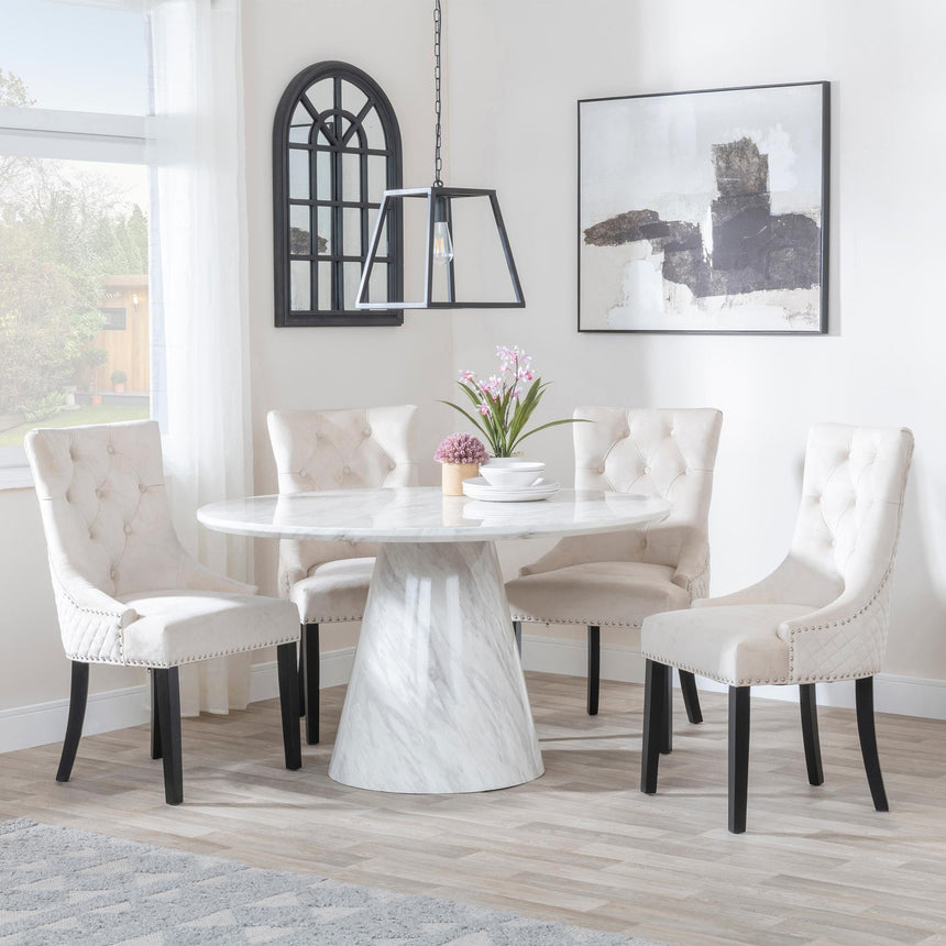 Carrera 4 Seater White Marble Round Dining Set - 4 Lion Knocker Back Champagne Velvet Fabric Dining Chair with Black Wooden Legs-4
