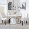 Carrera 4 Seater White Marble Round Dining Set - 4 Lion Knocker Back Champagne Velvet Fabric Dining Chair with Black Wooden Legs-4