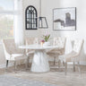 Carrera 4 Seater White Marble Round Dining Set - 4 Lion Knocker Back Champagne Velvet Fabric Dining Chair with Chrome Legs-2