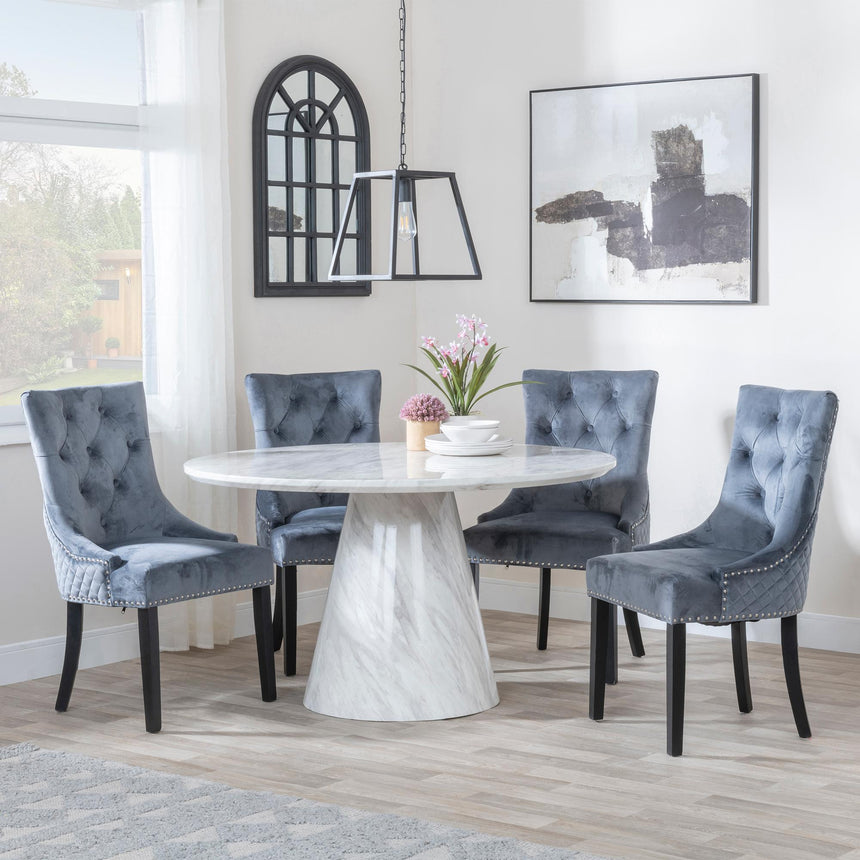 Carrera 4 Seater White Marble Round Dining Set - 4 Lion Knocker Back Grey Velvet Fabric Dining Chair with Black Wooden Legs-2