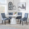 Carrera 4 Seater White Marble Round Dining Set - 4 Lion Knocker Back Grey Velvet Fabric Dining Chair with Black Wooden Legs-2