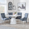 Carrera 4 Seater White Marble Round Dining Set - 4 Lion Knocker Back Grey Velvet Fabric Dining Chair with Chrome Legs-4