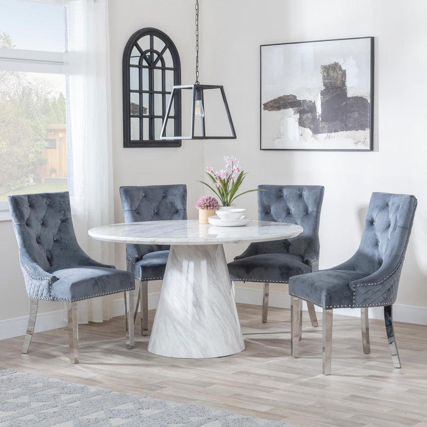 Carrera 4 Seater White Marble Round Dining Set - 4 Lion Knocker Back Grey Velvet Fabric Dining Chair with Chrome Legs-4