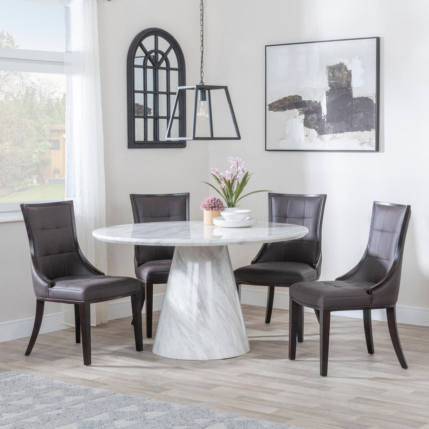 Carrera 4 Seater White Marble Round Dining Set - 4 Paris Brown Leather Dining Chair with Brown Legs-3