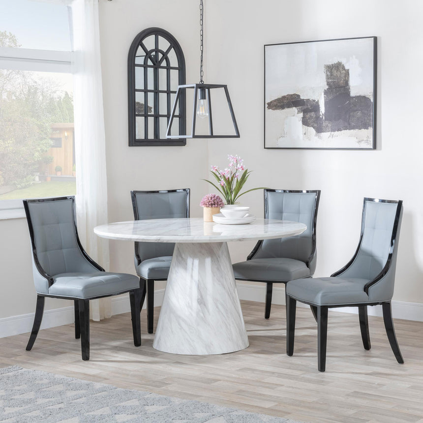 Carrera 4 Seater White Marble Round Dining Set - 4 Paris Grey Leather Dining Chair with Black Legs-3