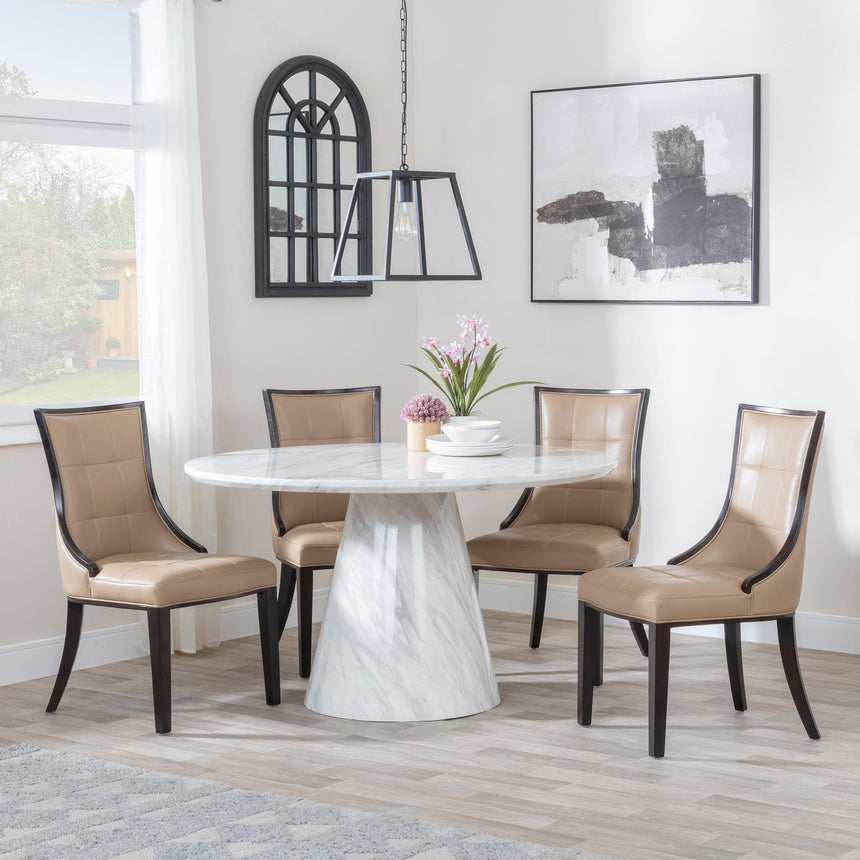 Carrera 4 Seater White Marble Round Dining Set - 4 Paris Taupe Leather Dining Chair with Brown Legs-2