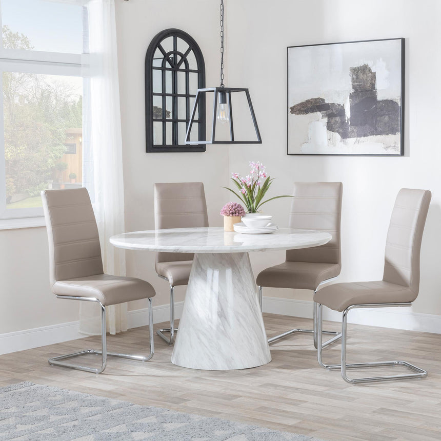 Carrera 4 Seater White Marble Round Dining Set - 4 Roma Beige Faux Leather Dining Chair-2
