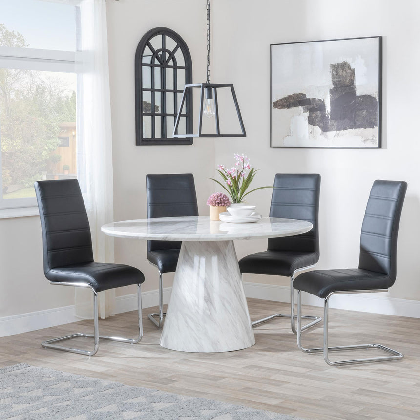 Carrera 4 Seater White Marble Round Dining Set - 4 Roma Black Faux Leather Dining Chair-3