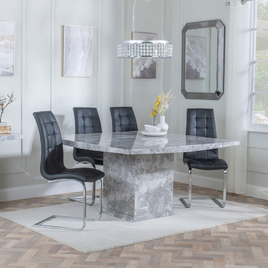 Turin Grey Marble Square Dining Set - Jamison Black Faux Leather Dining Chair-3