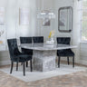Turin Grey Marble Square Dining Set - Knocker Back Black Velvet Fabric Dining Chair with Black Wooden Legs-2