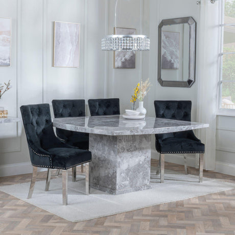 Turin Grey Marble Square Dining Set - Knocker Back Black Velvet Fabric Dining Chair with Chrome Legs-3