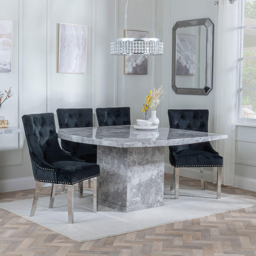 Turin Grey Marble Square Dining Set - Knocker Back Black Velvet Fabric Dining Chair with Chrome Legs-3