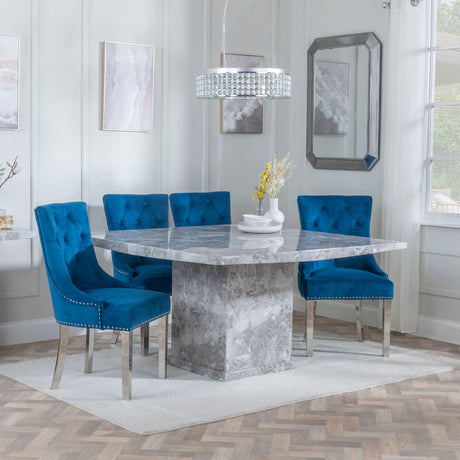 Turin Grey Marble Square Dining Set - Knocker Back Blue Velvet Fabric Dining Chair with Chrome Legs-2
