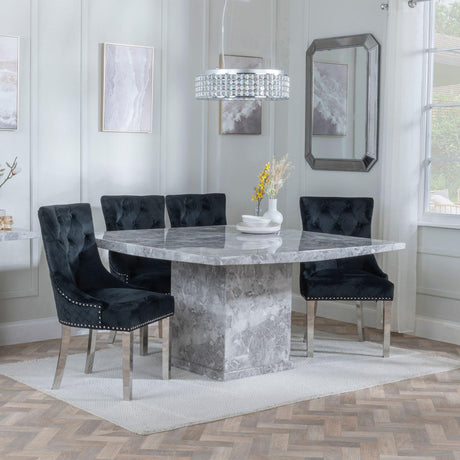 Turin Grey Marble Square Dining Set - Lion Knocker Back Black Velvet Fabric Dining Chair with Chrome Legs-3