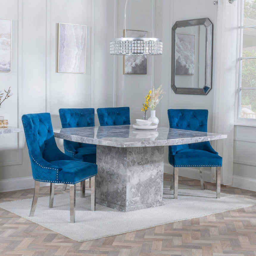 Turin Grey Marble Square Dining Set - Lion Knocker Back Blue Velvet Fabric Dining Chair with Chrome Legs-3