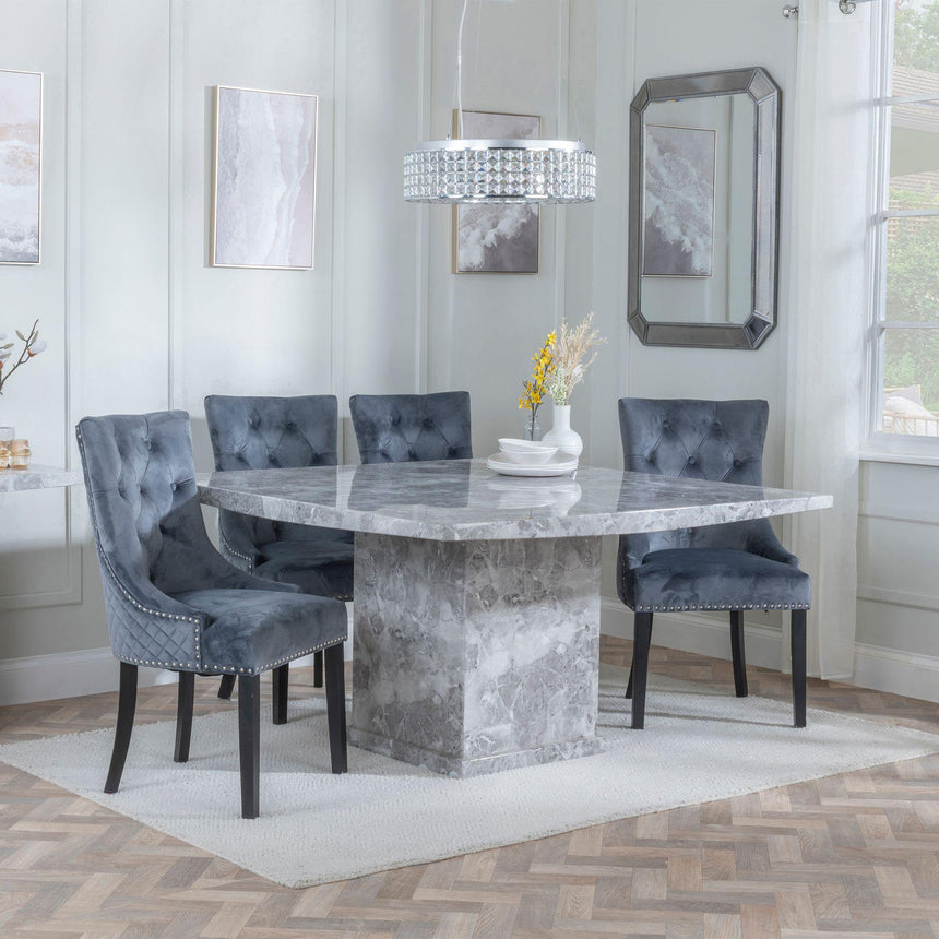 Genoa 8 Seater Square Marble Dining Set - Lion Knocker Back Velvet Fabric Dining Chair