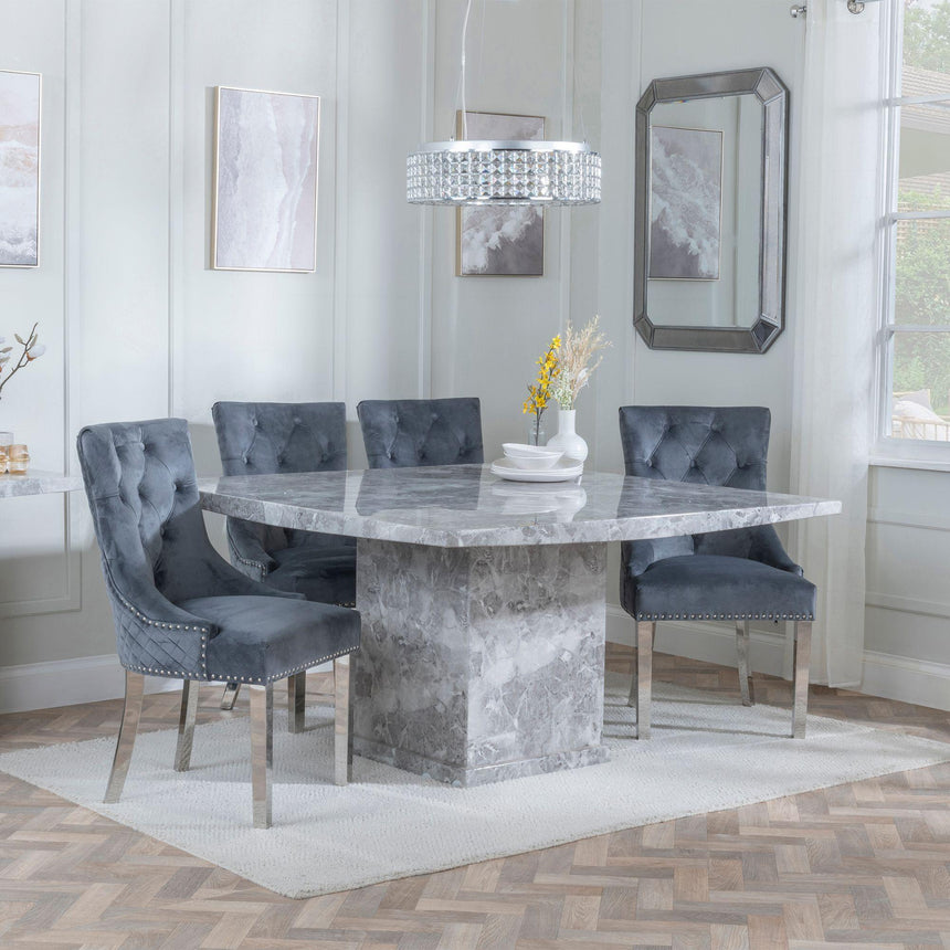 Genoa 8 Seater Square Marble Dining Set - Lion Knocker Back Velvet Fabric Dining Chair with Chrome Legs