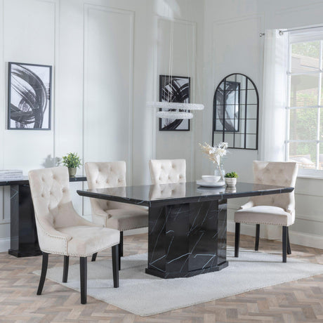 Naples Black Marble Dining Set - Knocker Back Champagne Velvet Fabric Dining Chair with Black Wooden Legs-4
