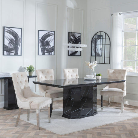 Naples Black Marble Dining Set - Knocker Back Champagne Velvet Fabric Dining Chair with Chrome Legs-4