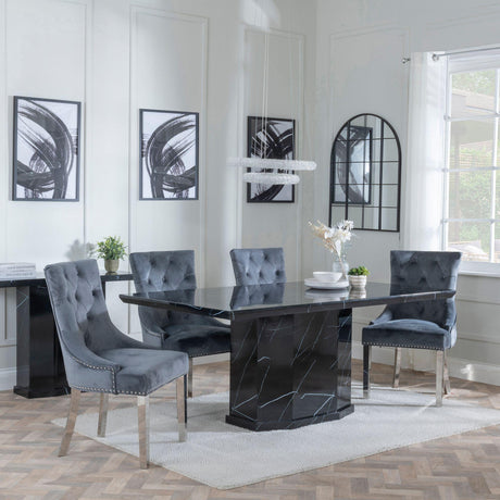 Naples Black Marble Dining Set - Knocker Back Grey Velvet Fabric Dining Chair with Chrome Legs-3