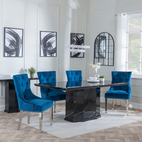 Naples Black Marble Dining Set - Lion Knocker Back Blue Velvet Fabric Dining Chair with Chrome Legs-3