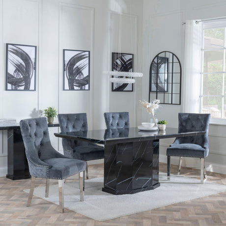 Naples Black Marble Dining Set - Lion Knocker Back Grey Velvet Fabric Dining Chair with Chrome Legs-4