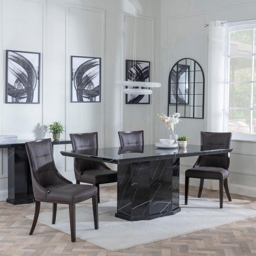 Naples Black Marble Dining Set - Paris Brown Leather Dining Chair with Brown Legs-2