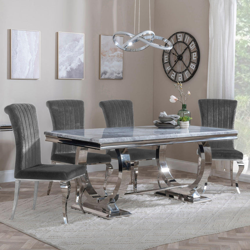 Seattle Grey Marble and Chrome Dining Set - Matera Velvet Fabric Dining Chair