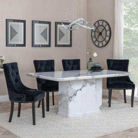 Naples White Marble Dining Set - Knocker Back Black Velvet Fabric Dining Chair with Black Wooden Legs-2