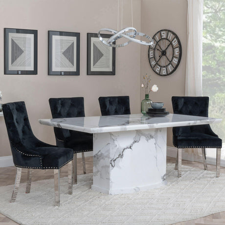 Naples White Marble Dining Set - Knocker Back Black Velvet Fabric Dining Chair with Chrome Legs-2