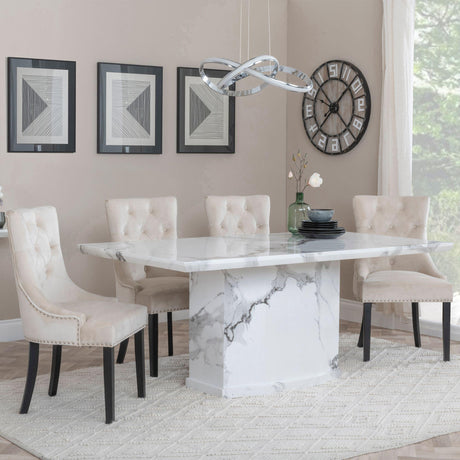 Naples White Marble Dining Set - Knocker Back Champagne Velvet Fabric Dining Chair with Black Wooden Legs-4