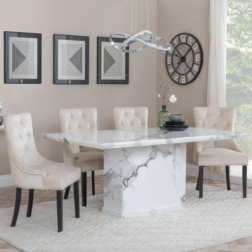 Naples White Marble Dining Set - Knocker Back Champagne Velvet Fabric Dining Chair with Black Wooden Legs-4