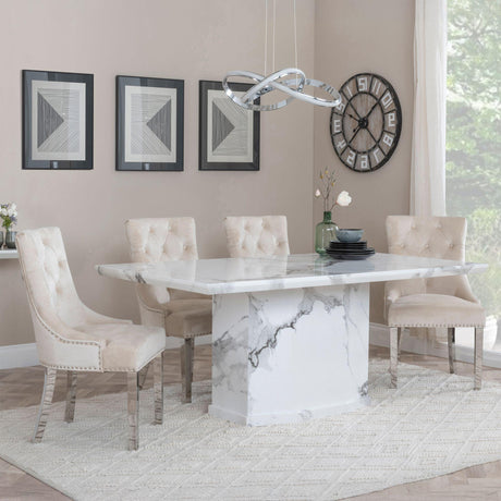 Naples White Marble Dining Set - Knocker Back Champagne Velvet Fabric Dining Chair with Chrome Legs-4