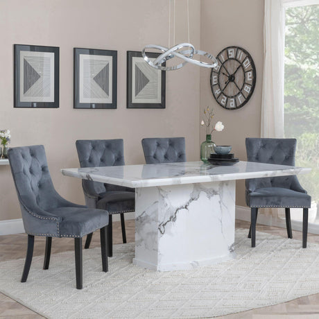 Naples White Marble Dining Set - Knocker Back Grey Velvet Fabric Dining Chair with Black Wooden Legs-4