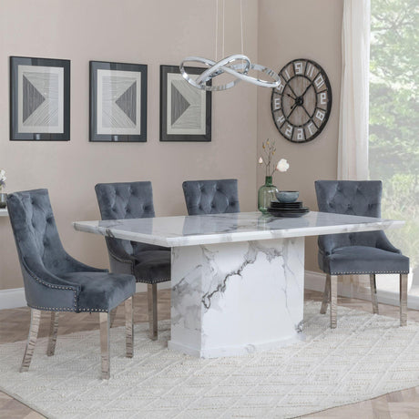 Naples White Marble Dining Set - Knocker Back Grey Velvet Fabric Dining Chair with Chrome Legs-3