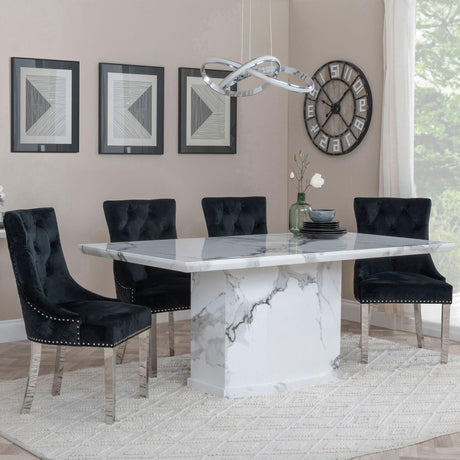 Naples White Marble Dining Set - Lion Knocker Back Black Velvet Fabric Dining Chair with Chrome Legs-2