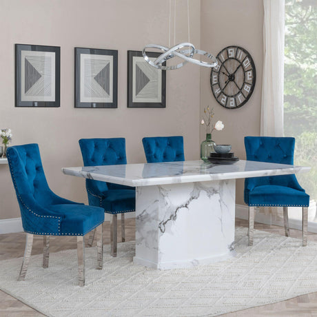 Naples White Marble Dining Set - Lion Knocker Back Blue Velvet Fabric Dining Chair with Chrome Legs-3