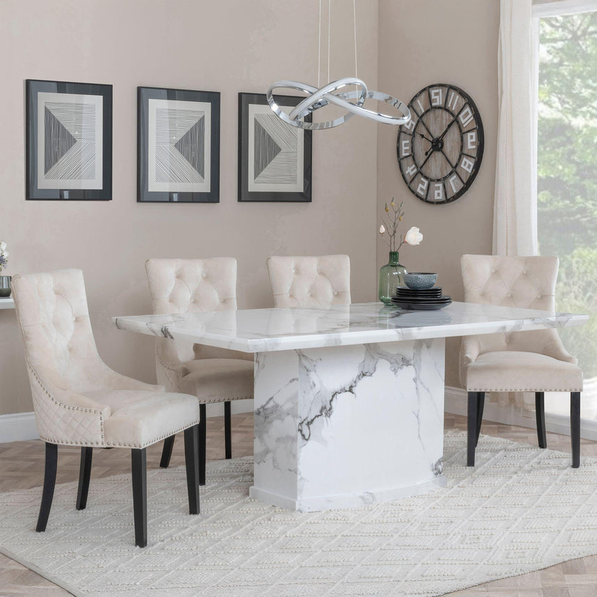 Toronto Marble Marble Dining Set - Lion Knocker Back Champagne Velvet Fabric Dining Chair with Black Wooden Legs