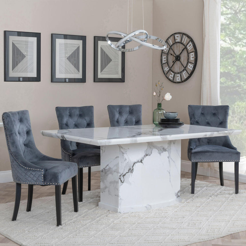 Naples White Marble Dining Set - Lion Knocker Back Grey Velvet Fabric Dining Chair with Black Wooden Legs-2