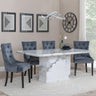 Naples White Marble Dining Set - Lion Knocker Back Grey Velvet Fabric Dining Chair with Black Wooden Legs-2