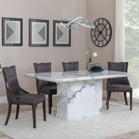 Naples White Marble Dining Set - Paris Brown Leather Dining Chair with Brown Legs