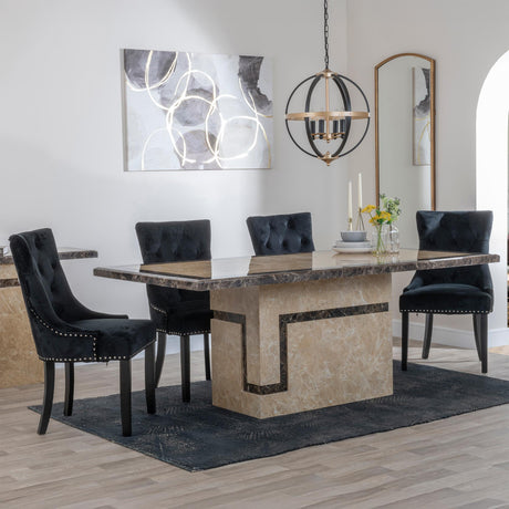 Venice Cream Marble Dining Set - Knocker Back Black Velvet Fabric Dining Chair with Black Wooden Legs-2