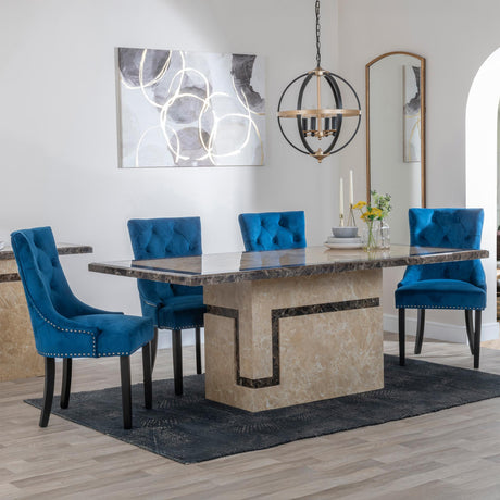 Venice Cream Marble Dining Set - Knocker Back Blue Velvet Fabric Dining Chair with Black Wooden Legs-3