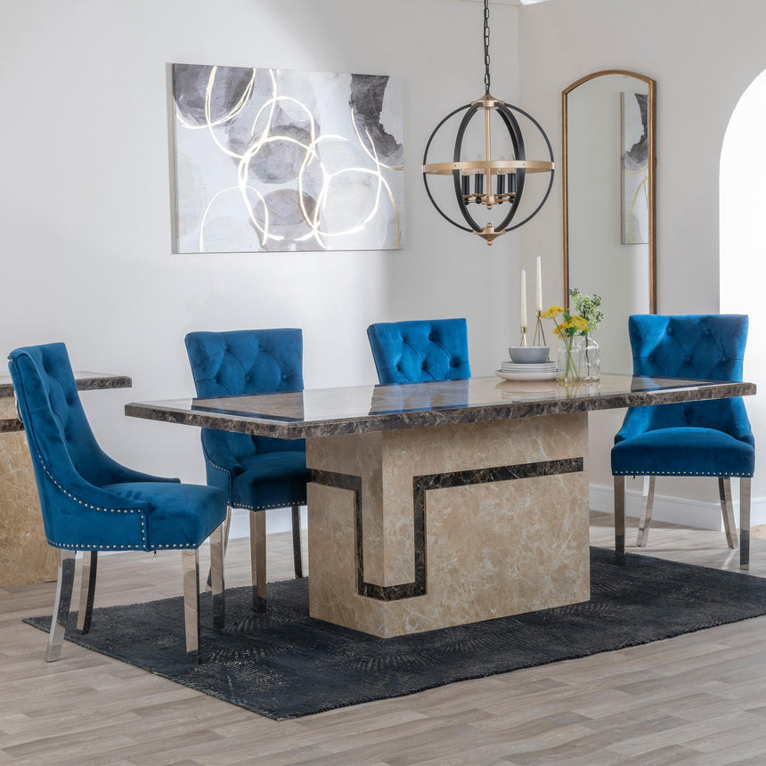 Venice Cream Marble Dining Set - Knocker Back Blue Velvet Fabric Dining Chair with Chrome Legs-2